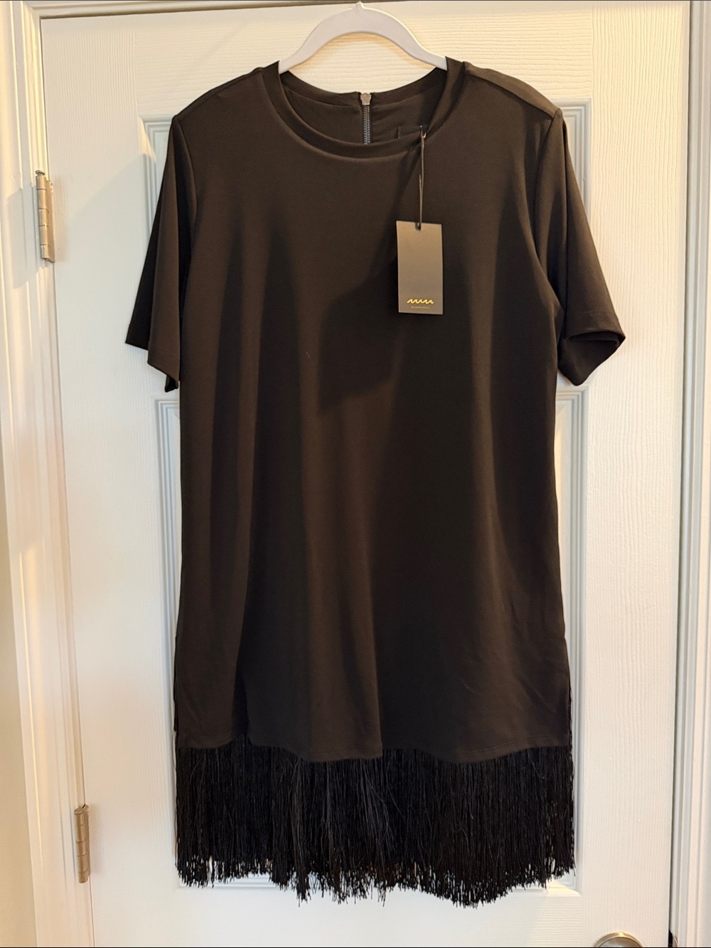 Black Fringe Hem Short Sleeve Dress A XS